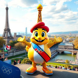 A vibrant and friendly Olympic mascot inspired by the Eiffel Tower, set against a picturesque French landscape