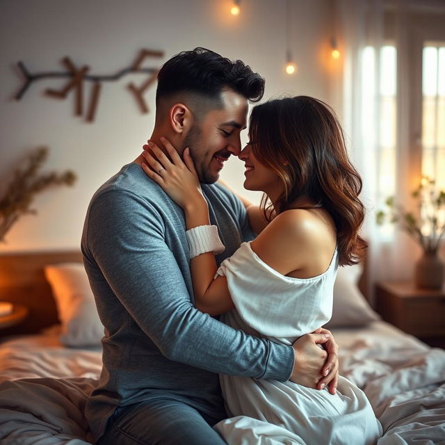 A romantic and intimate bedroom setting, capturing the passionate connection between a loving couple, with gentle caresses and a warm embrace