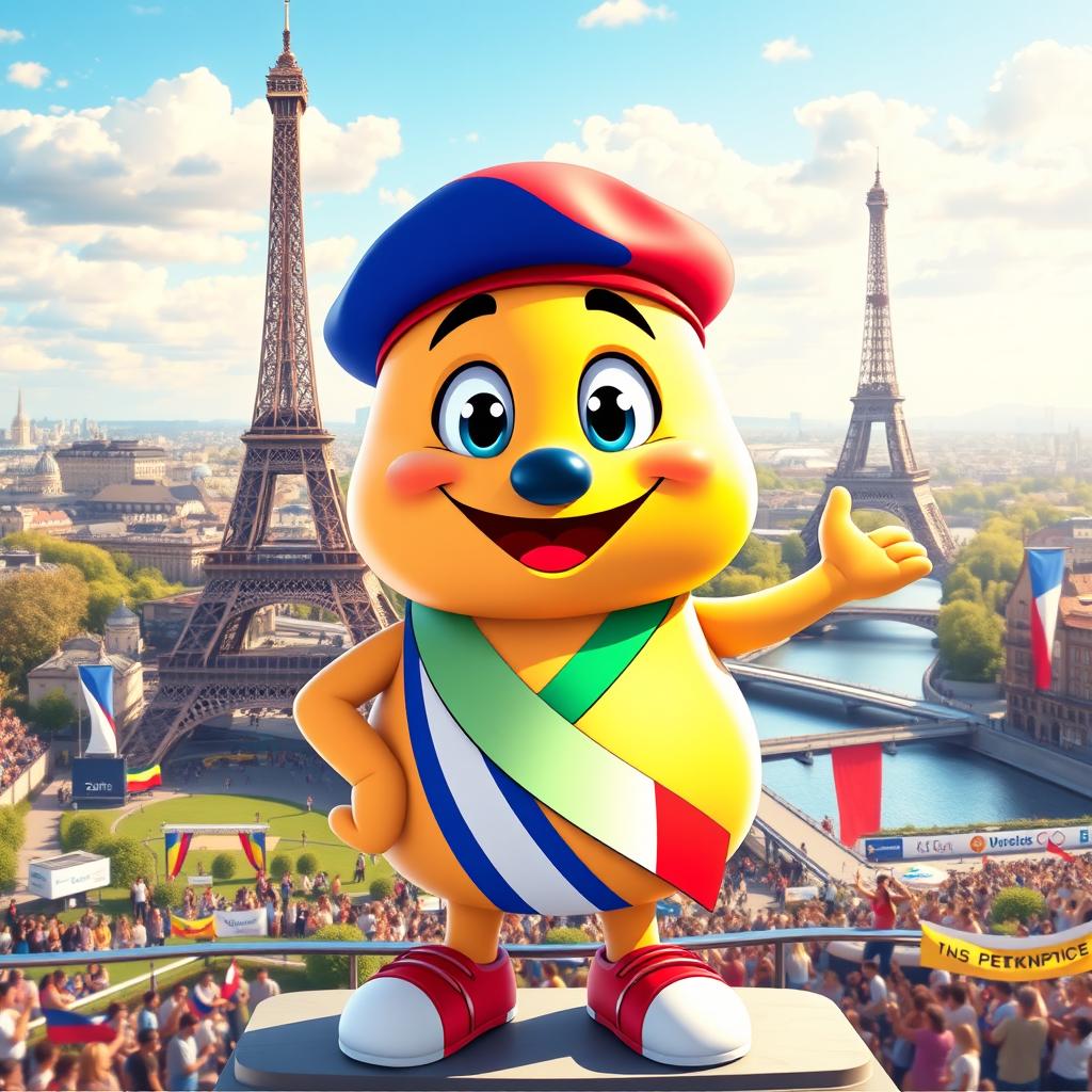 A vibrant and friendly Olympic mascot inspired by the Eiffel Tower, set against a picturesque French landscape