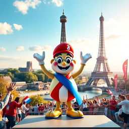 A vibrant and friendly Olympic mascot inspired by the Eiffel Tower, set against a picturesque French landscape