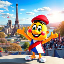 A vibrant and friendly Olympic mascot inspired by the Eiffel Tower, set against a picturesque French landscape