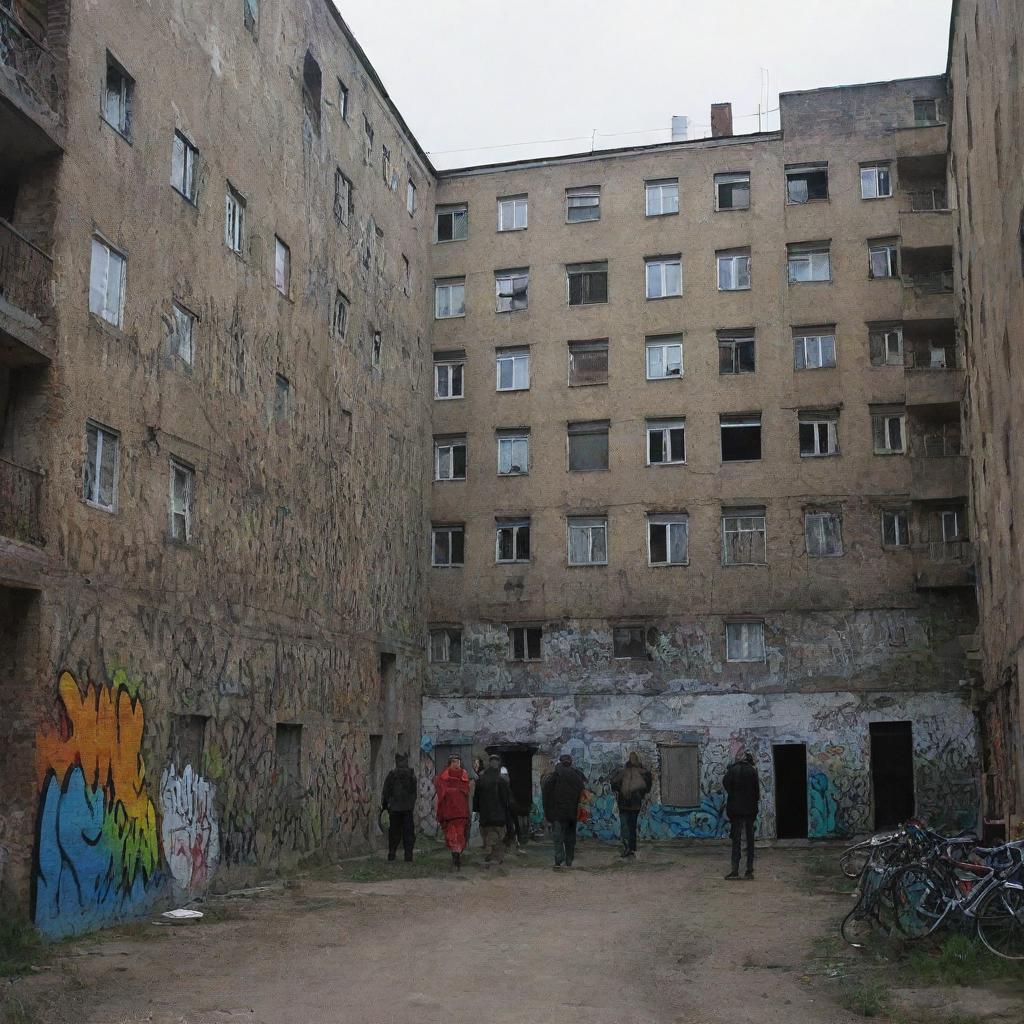 The 2007 underground Russian rap scene atmosphere, now with towering panel houses and a lively neighborhood courtyard amidst urban streets and graffiti art.