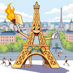 A creative illustration of the Eiffel Tower as an Olympic mascot