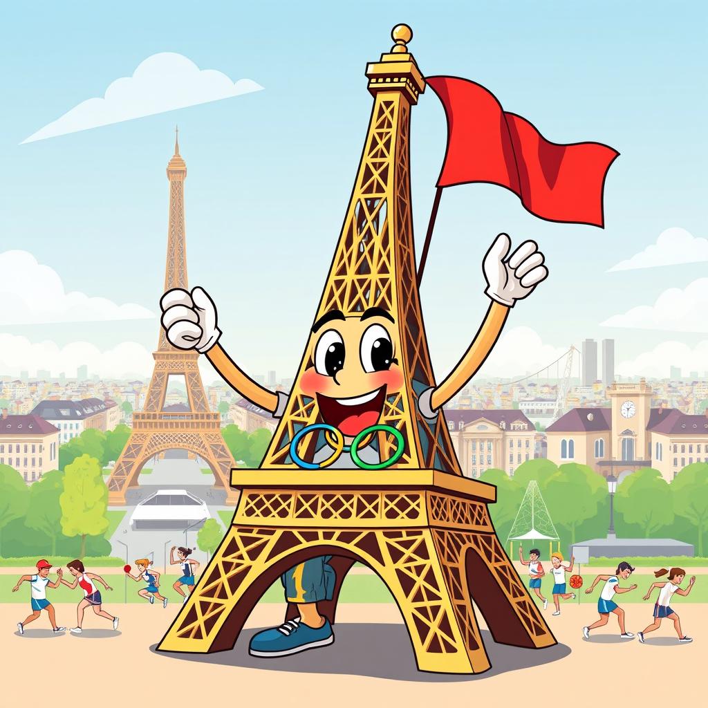 A creative illustration of the Eiffel Tower as an Olympic mascot