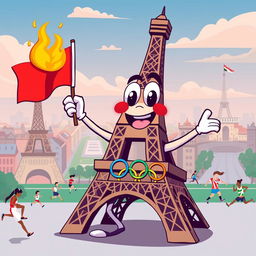 A creative illustration of the Eiffel Tower as an Olympic mascot