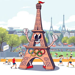 A creative illustration of the Eiffel Tower as an Olympic mascot