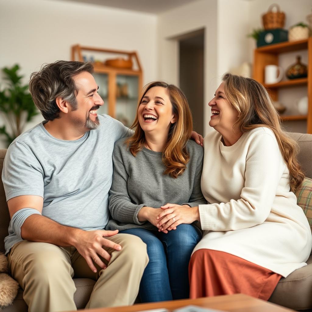 A warm and affectionate gathering of three adults in a cozy living room, where a couple and their sister-in-law are sharing a moment of friendship and connection, radiating joy and fondness towards each other