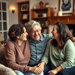 A warm and affectionate gathering of three adults in a cozy living room, where a couple and their sister-in-law are sharing a moment of friendship and connection, radiating joy and fondness towards each other