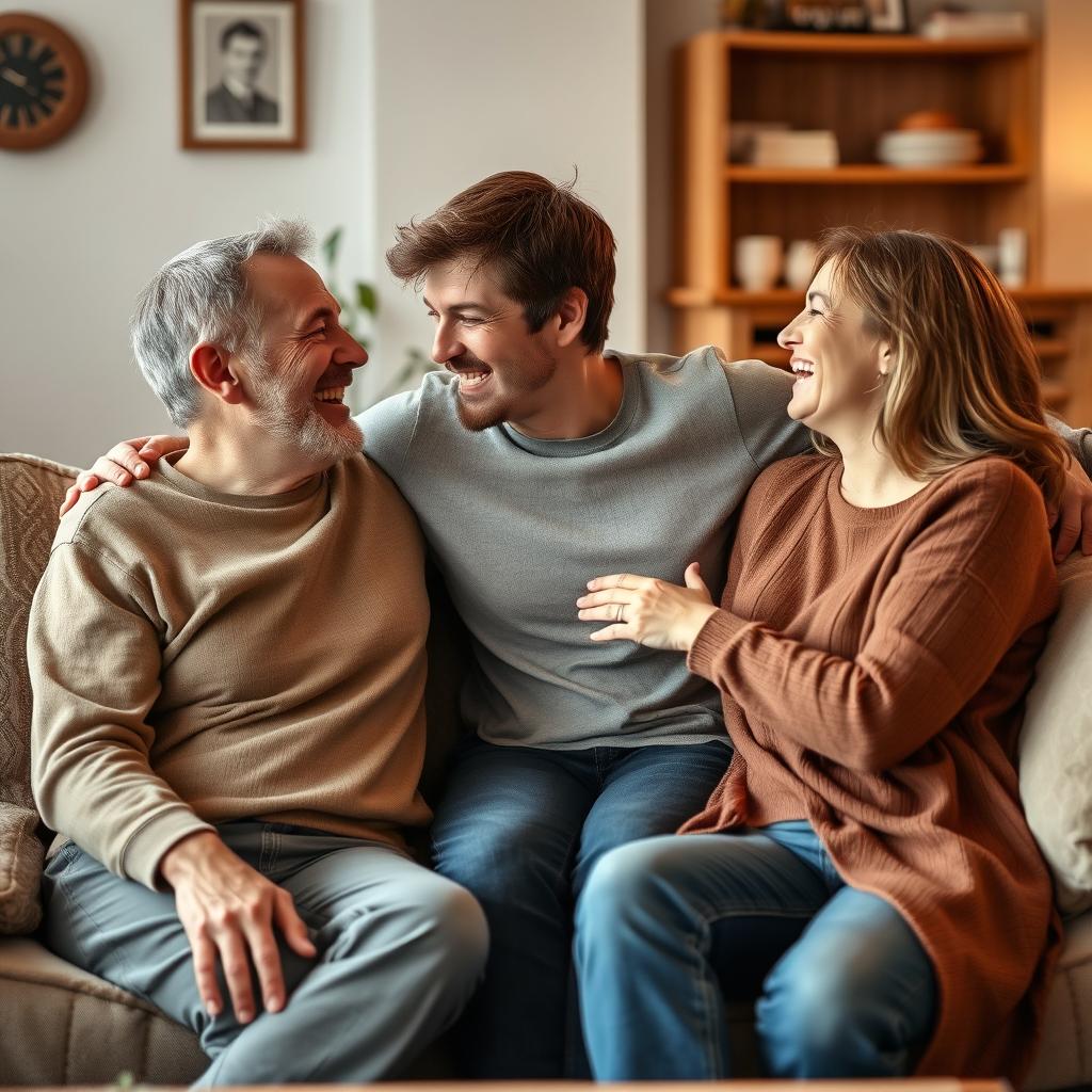 A warm and affectionate gathering of three adults in a cozy living room, where a couple and their sister-in-law are sharing a moment of friendship and connection, radiating joy and fondness towards each other