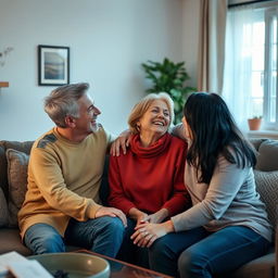 A warm and affectionate gathering of three adults in a cozy living room, where a couple and their sister-in-law are sharing a moment of friendship and connection, radiating joy and fondness towards each other