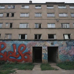 The 2007 underground Russian rap scene atmosphere, now with towering panel houses and a lively neighborhood courtyard amidst urban streets and graffiti art.