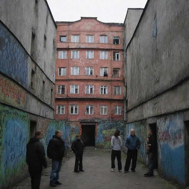 The 2007 underground Russian rap scene atmosphere, now with towering panel houses and a lively neighborhood courtyard amidst urban streets and graffiti art.