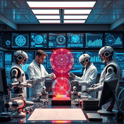 An image symbolizing innovation, set in a futuristic tech lab filled with advanced gadgets and interfaces