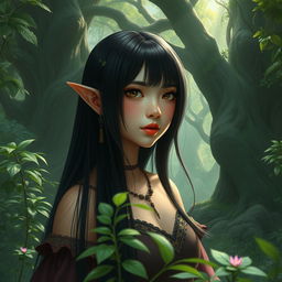 a female halfling in a mystical forest setting, with straight black hair and features of Chinese descent