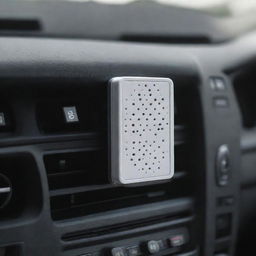 A rectangular car air freshener with perforations, mounted on an air vent