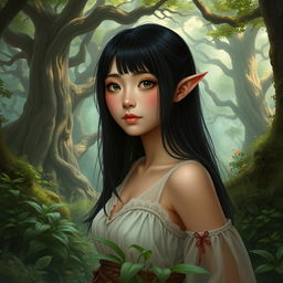 a female halfling in a mystical forest setting, with straight black hair and features of Chinese descent