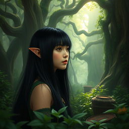 a female halfling in a mystical forest setting, with straight black hair and features of Chinese descent