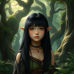 a female halfling in a mystical forest setting, with straight black hair and features of Chinese descent