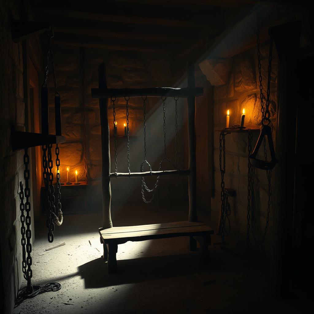 A dimly lit, eerie room featuring various old, rustic torture devices