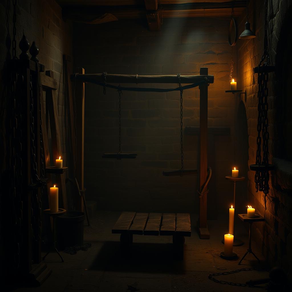 A dimly lit, eerie room featuring various old, rustic torture devices