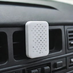 A rectangular car air freshener with perforations, mounted on an air vent