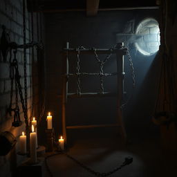 A dimly lit, eerie room featuring various old, rustic torture devices