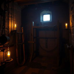 A dimly lit, eerie room featuring various old, rustic torture devices