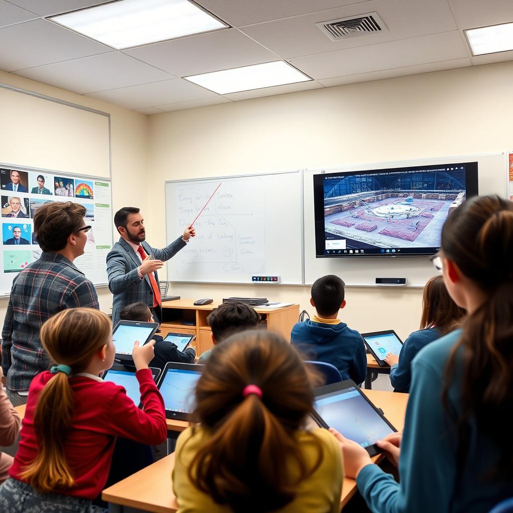 An educational classroom setting where a charismatic teacher is engaging with a small group of enthusiastic students