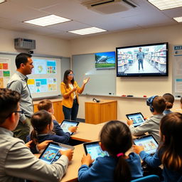 An educational classroom setting where a charismatic teacher is engaging with a small group of enthusiastic students