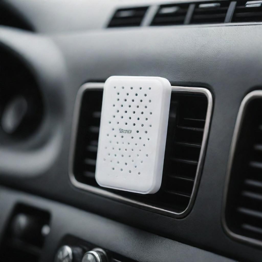 A rectangular car air freshener with perforations, mounted on an air vent