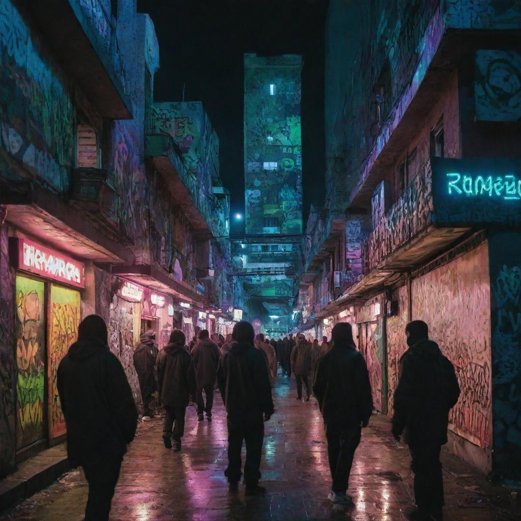 The atmosphere of the Russian underground rap scene in 2007, fused with cyberpunk elements. Picture panel houses, a bustling courtyard, urban streets and vibrant graffiti art, all under neon lights and futuristic tech.