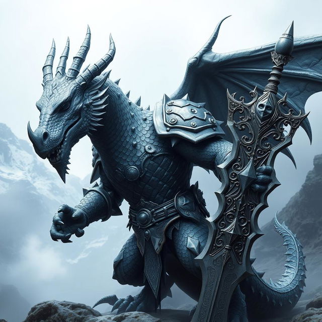 A powerful and majestic gray dragonborn warrior standing in an epic pose