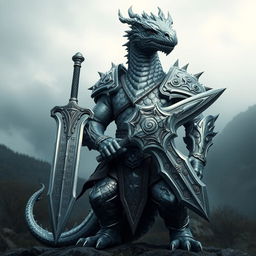 A powerful and majestic gray dragonborn warrior standing in an epic pose