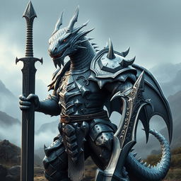 A powerful and majestic gray dragonborn warrior standing in an epic pose