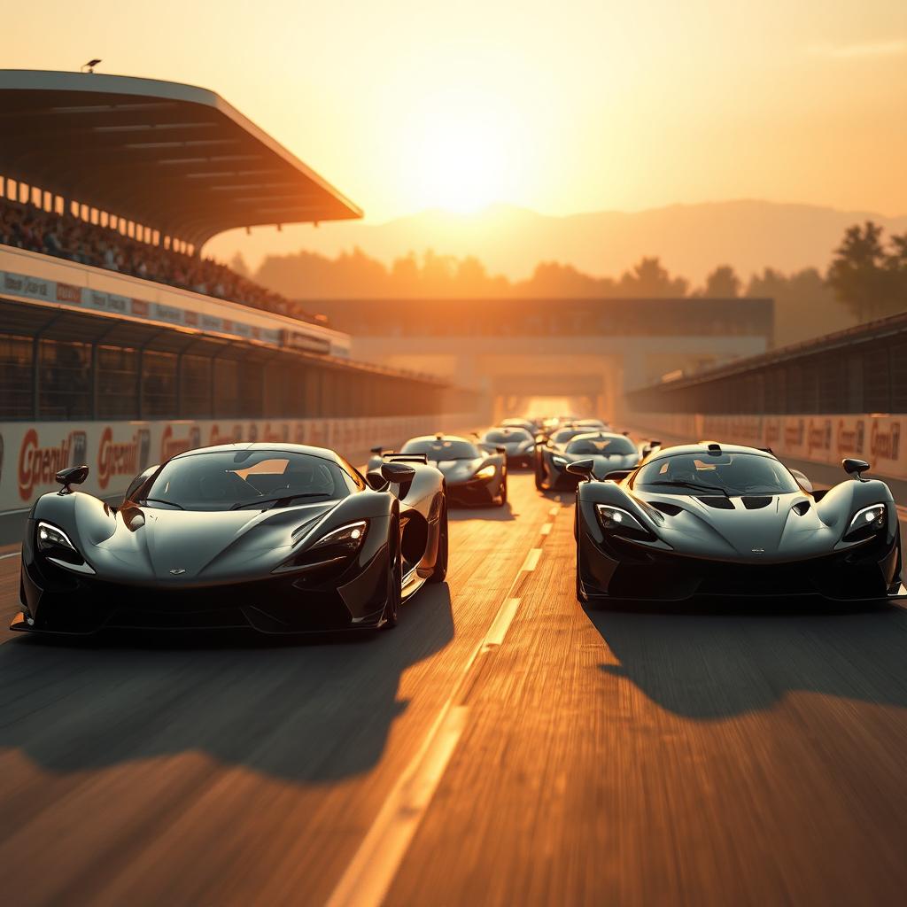 A dynamic scene capturing the essence of competitiveness, showcasing a thrilling high-speed race between state-of-the-art sports cars on a sleek race track