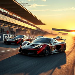 A dynamic scene capturing the essence of competitiveness, showcasing a thrilling high-speed race between state-of-the-art sports cars on a sleek race track