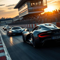 A dynamic scene capturing the essence of competitiveness, showcasing a thrilling high-speed race between state-of-the-art sports cars on a sleek race track