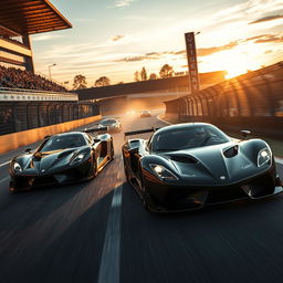 A dynamic scene capturing the essence of competitiveness, showcasing a thrilling high-speed race between state-of-the-art sports cars on a sleek race track