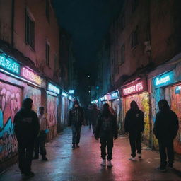 The atmosphere of the Russian underground rap scene in 2007, fused with cyberpunk elements. Picture panel houses, a bustling courtyard, urban streets and vibrant graffiti art, all under neon lights and futuristic tech.