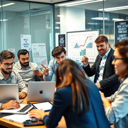 A lively scene depicting a group of competitive individuals in a modern office environment