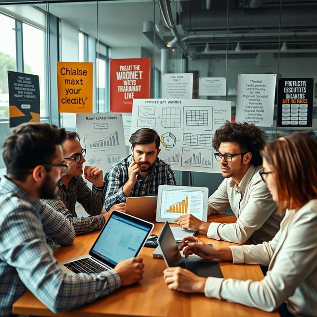 A lively scene depicting a group of competitive individuals in a modern office environment