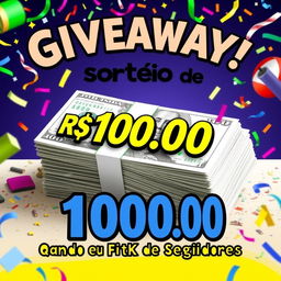 A lively and attention-grabbing poster to announce a giveaway of R$ 100,00 upon reaching 10,000 followers