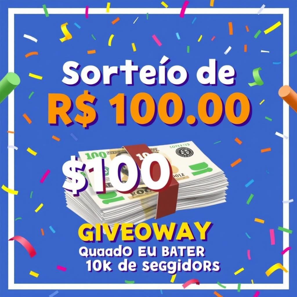 A lively and attention-grabbing poster to announce a giveaway of R$ 100,00 upon reaching 10,000 followers