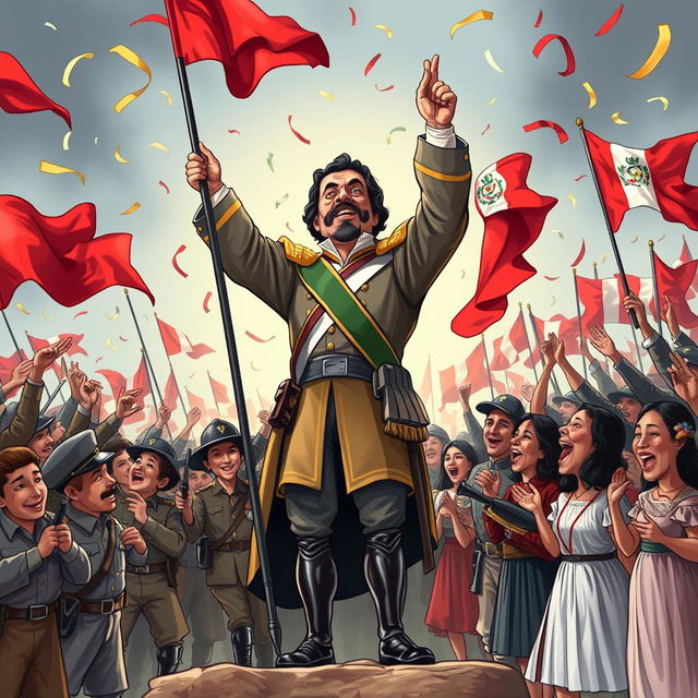 Simón Bolívar standing triumphantly surrounded by jubilant soldiers and Peruvian citizens celebrating the victory and the end of the viceroyalty