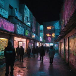 The atmosphere of the Russian underground rap scene in 2007, fused with cyberpunk elements. Picture panel houses, a bustling courtyard, urban streets and vibrant graffiti art, all under neon lights and futuristic tech.