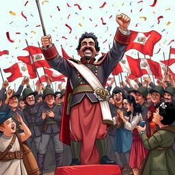 Simón Bolívar standing triumphantly surrounded by jubilant soldiers and Peruvian citizens celebrating the victory and the end of the viceroyalty