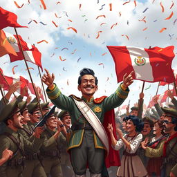 Simón Bolívar standing triumphantly surrounded by jubilant soldiers and Peruvian citizens celebrating the victory and the end of the viceroyalty