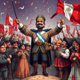 Simón Bolívar standing triumphantly surrounded by jubilant soldiers and Peruvian citizens celebrating the victory and the end of the viceroyalty