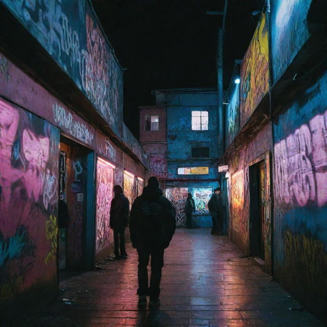 The atmosphere of the Russian underground rap scene in 2007, fused with cyberpunk elements. Picture panel houses, a bustling courtyard, urban streets and vibrant graffiti art, all under neon lights and futuristic tech.