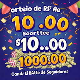 Um cartaz animado e atraente para anunciar um sorteio de R$ 100,00 ao alcançar 10